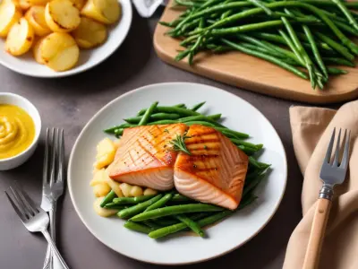 Saumon Grillé, Purée de Pommes de Terre Nouvelles et Haricots Verts