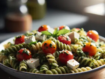 Salade de pâtes complètes au pesto, tomates cerises et mozzarella