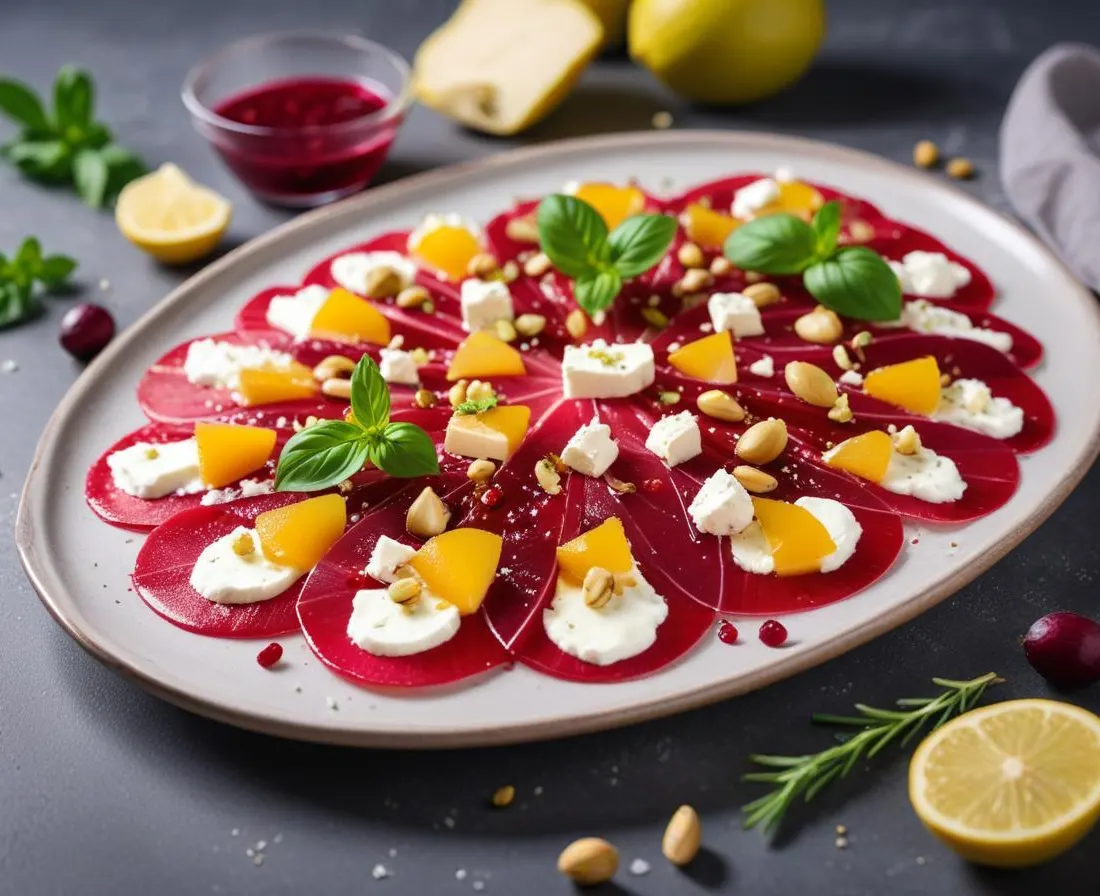 Carpaccio de betterave aux éclats de feta et pistaches
