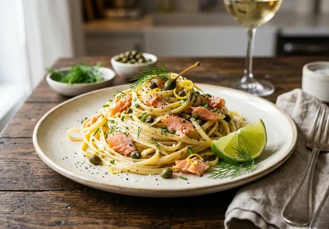 Linguine Rummo à la Truite Fumée, Citron Vert et Câpres