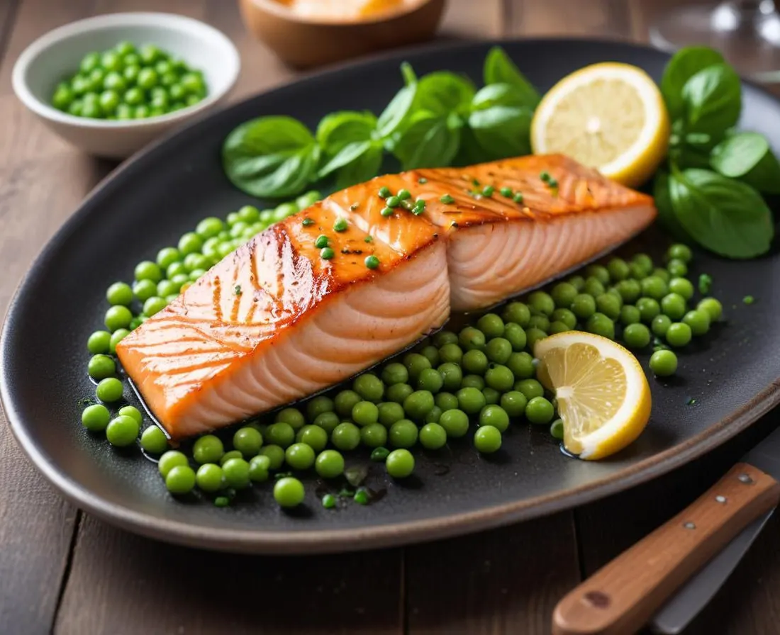 Saumon grillé à la plancha, purée de petits pois à la menthe