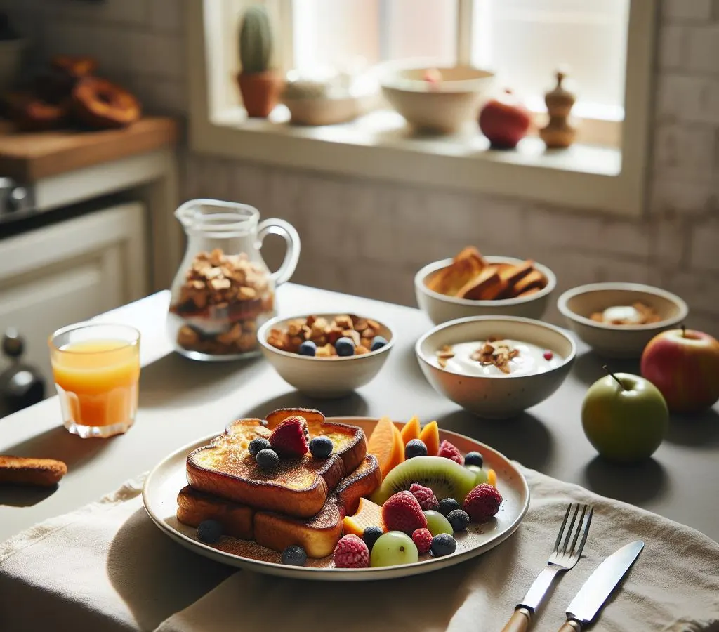 Brunch : Pain perdu, fruits de saison, yaourt et granola