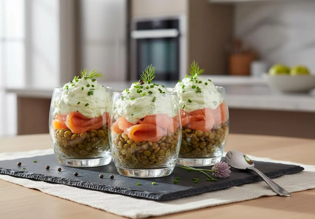 Verrines de Lentilles Vertes au Saumon Fumé et Crème de Ciboulette