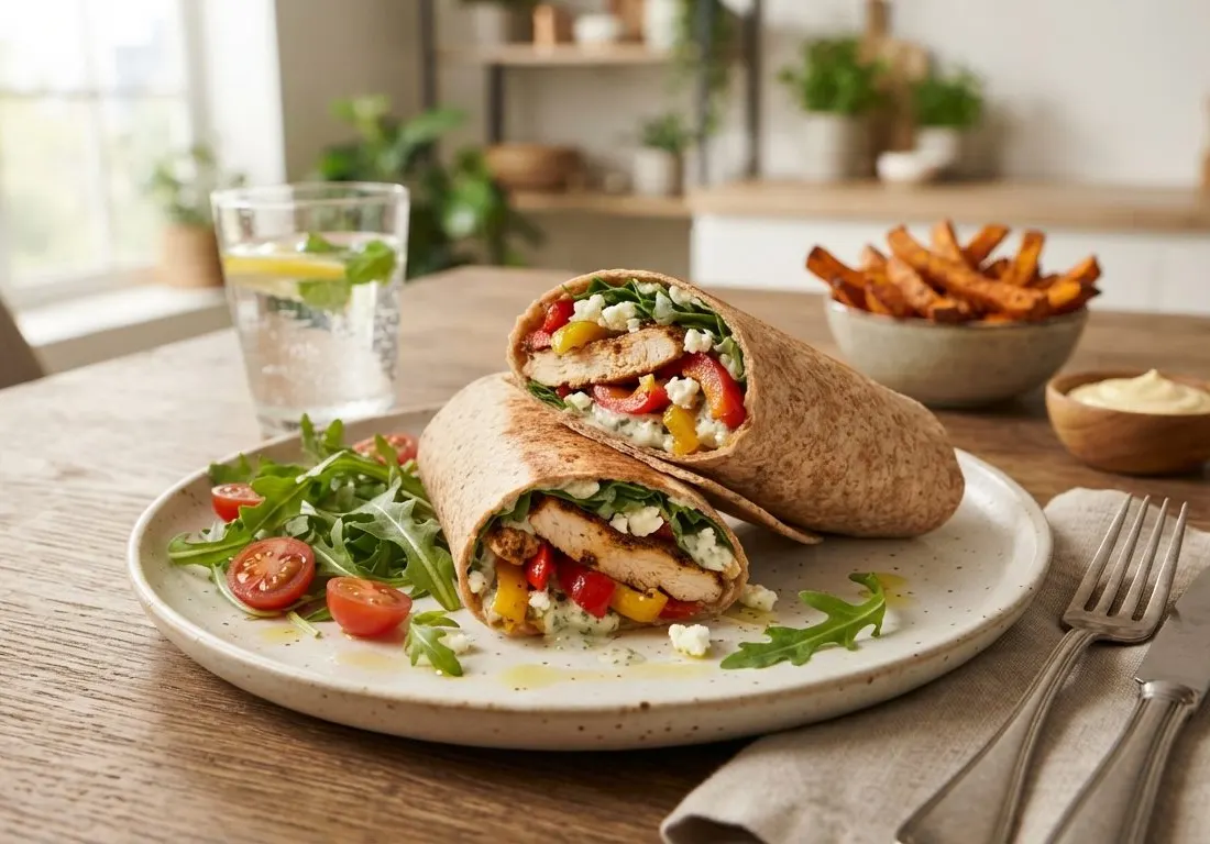 Wrap au poulet, poivrons marinés et roquette
