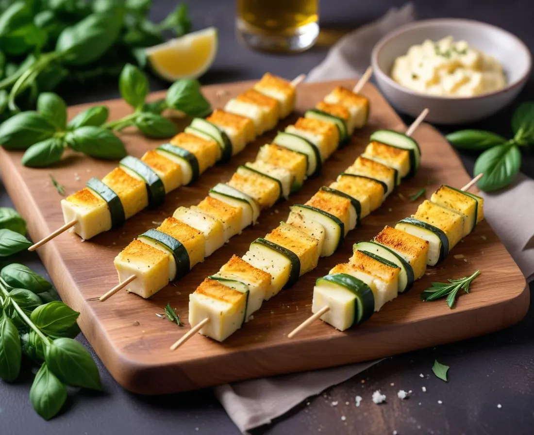 Brochettes de courgettes et fromage de brebis au thym