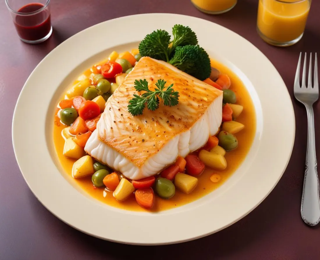 Dos de Cabillaud à la Sauce Safranée et Légumes Vapeur