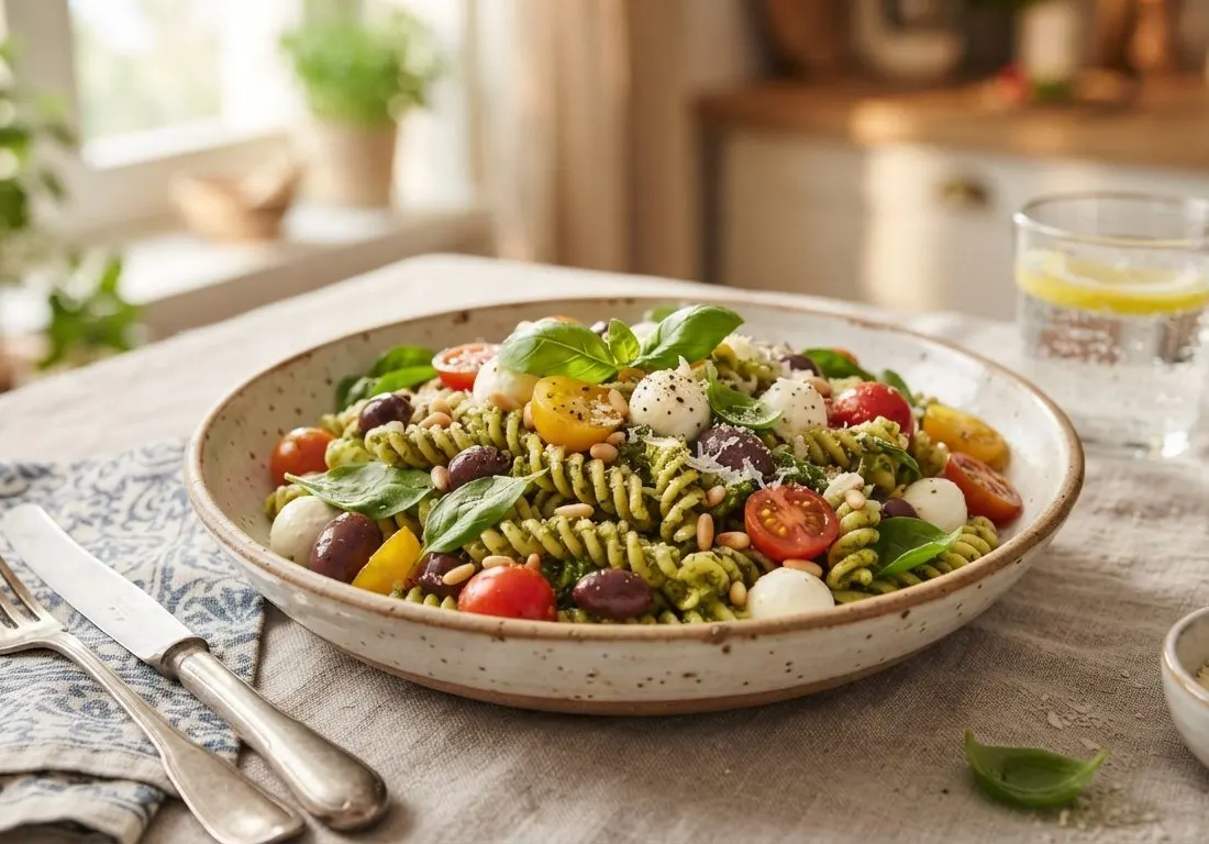 Salade de pâtes au pesto et tomates cerises