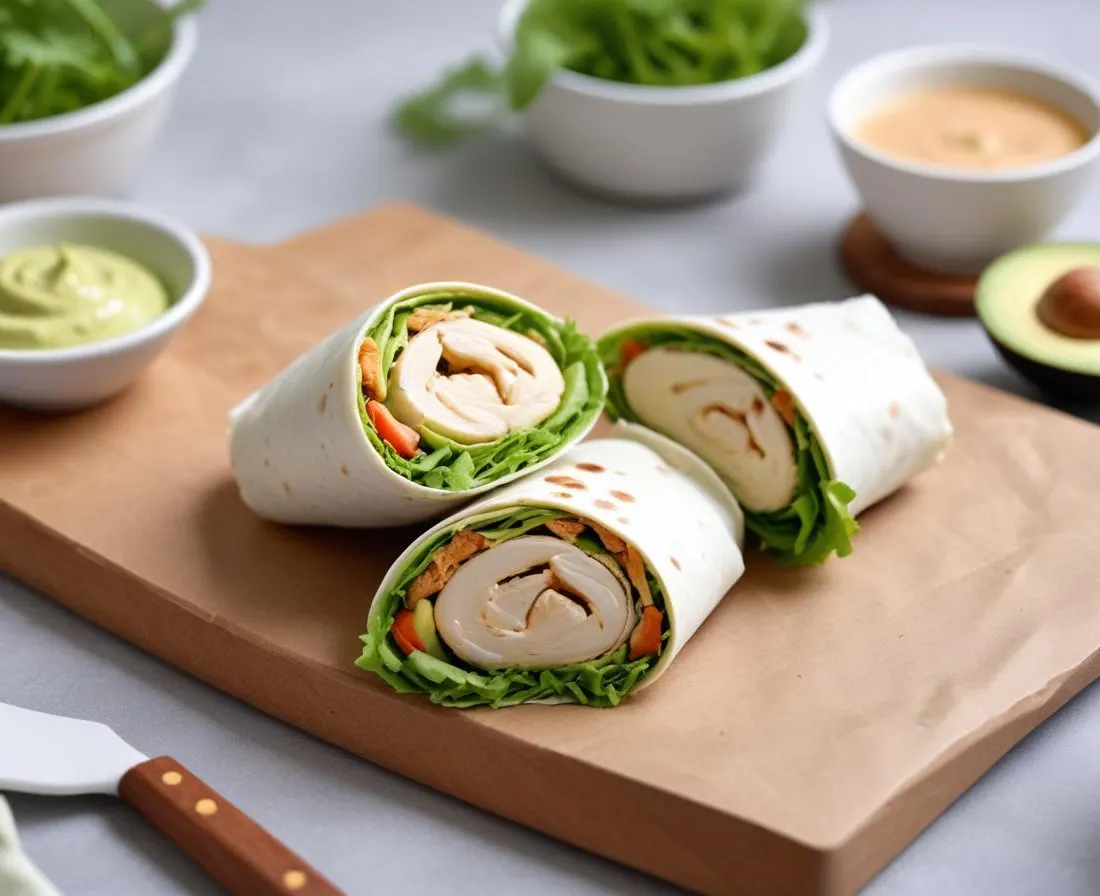 Wrap poulet-avocat avec sauce au yogourt aux herbes fraîches et mesclun croquant