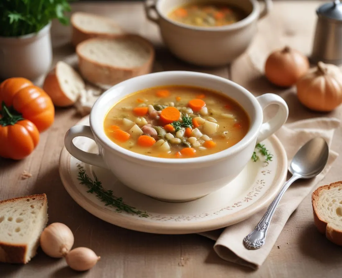 Soupe printanière aux légumes nouveaux et pain de campagne