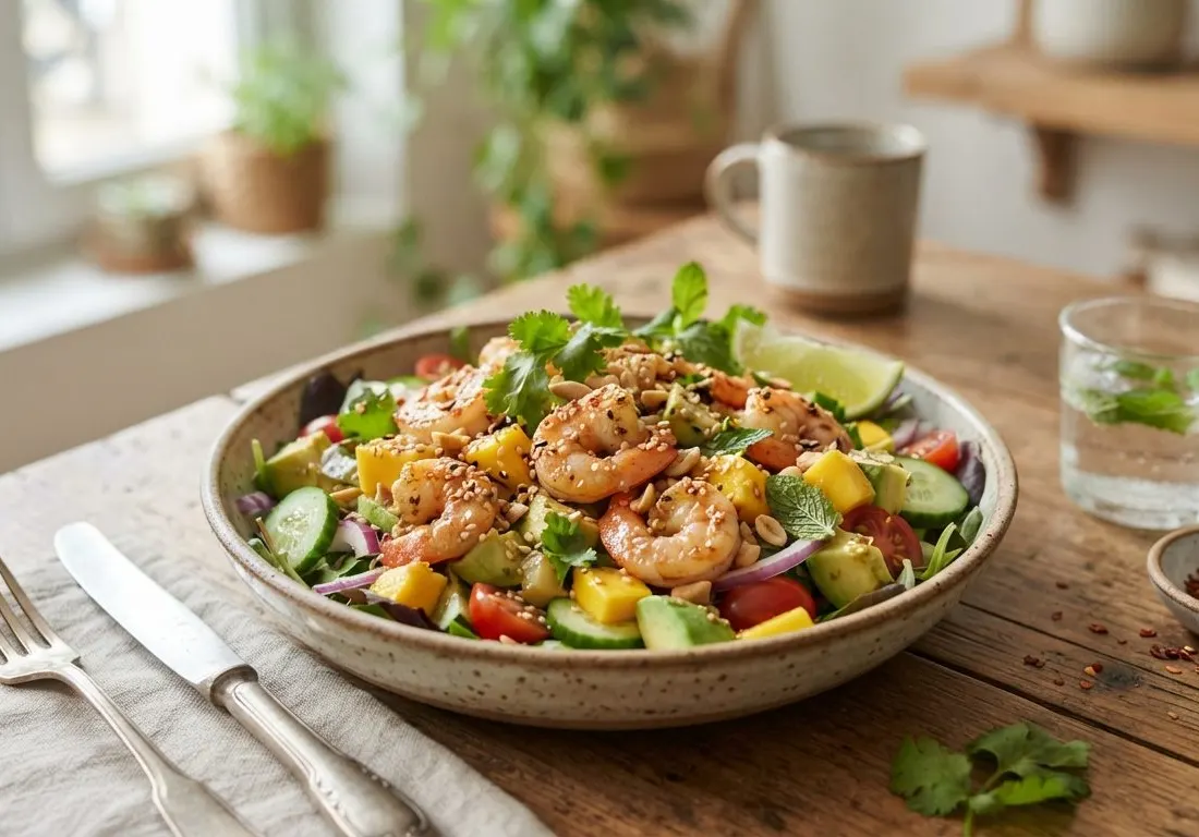 Salade fraîche de crevettes à l'avocat, mangue et concombre