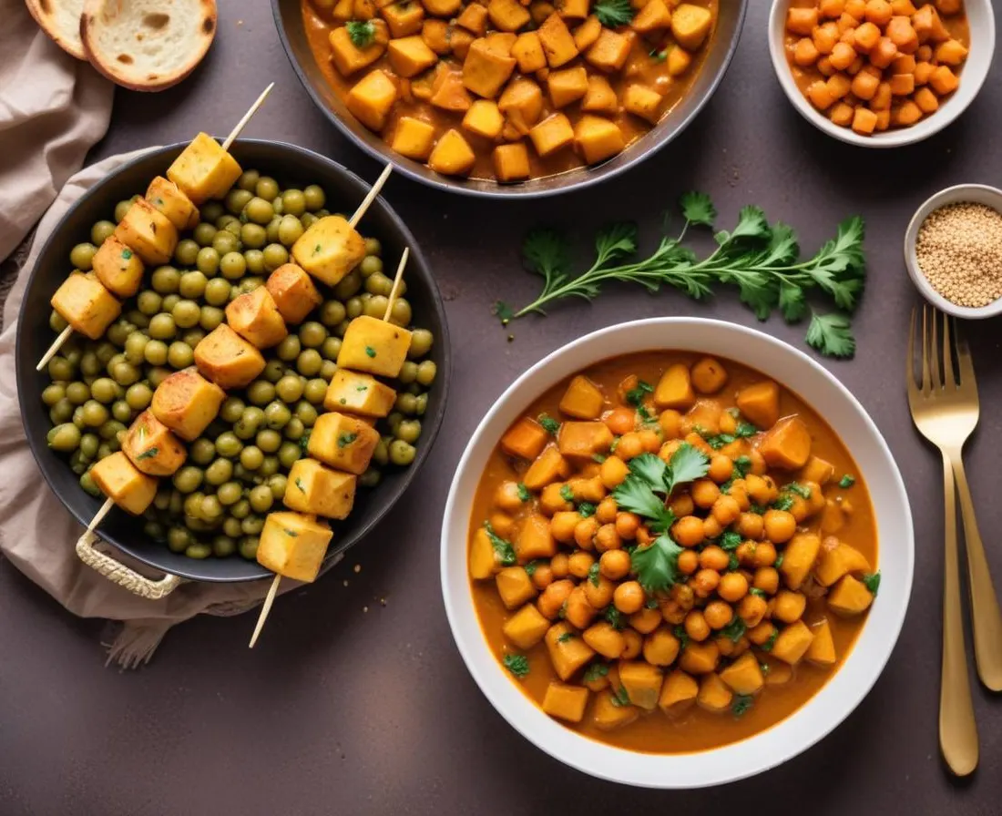 Brochettes de patates douces et pois chiches au curry