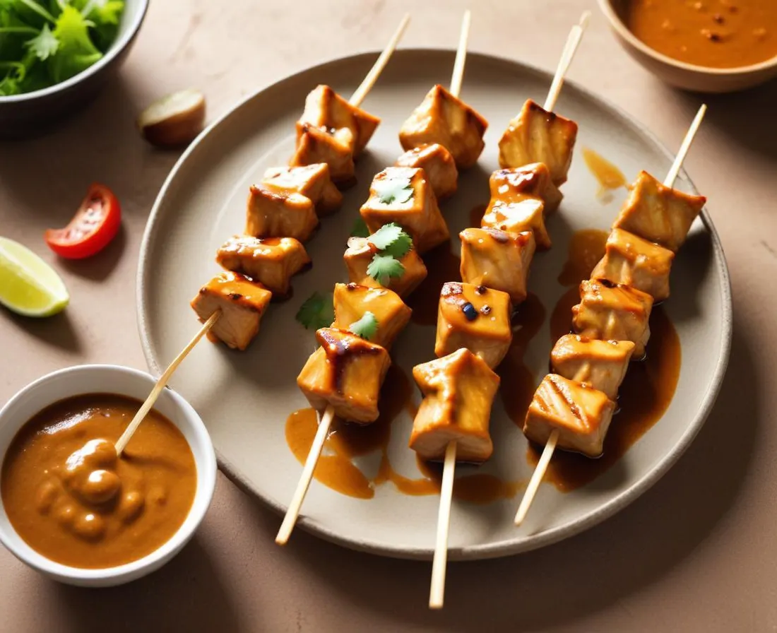 Brochettes de poulet satay à la sauce cacahuète