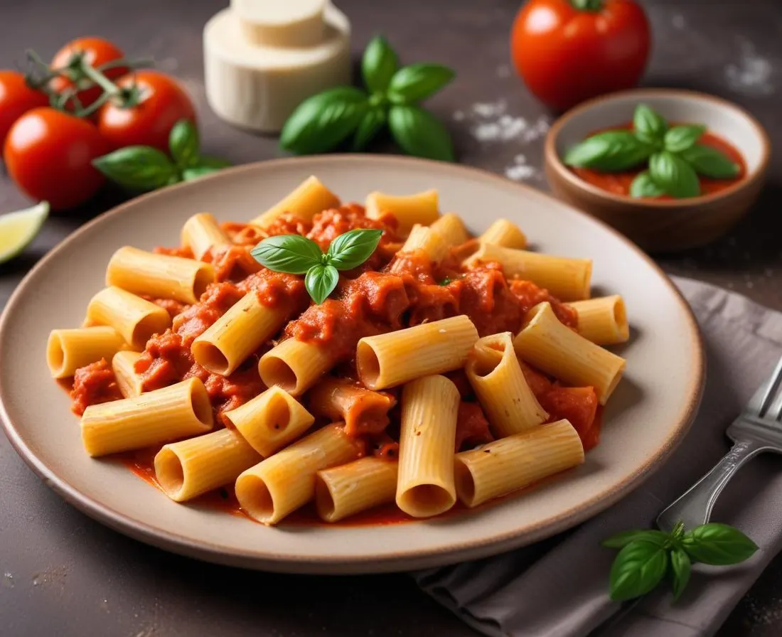Mezzi Rigatoni à la Sauce Tomate, Basilic et Viande