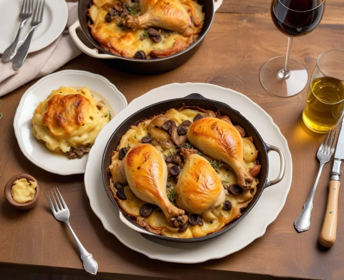 Poulet printanier aux morilles et vin jaune, gratin dauphinois