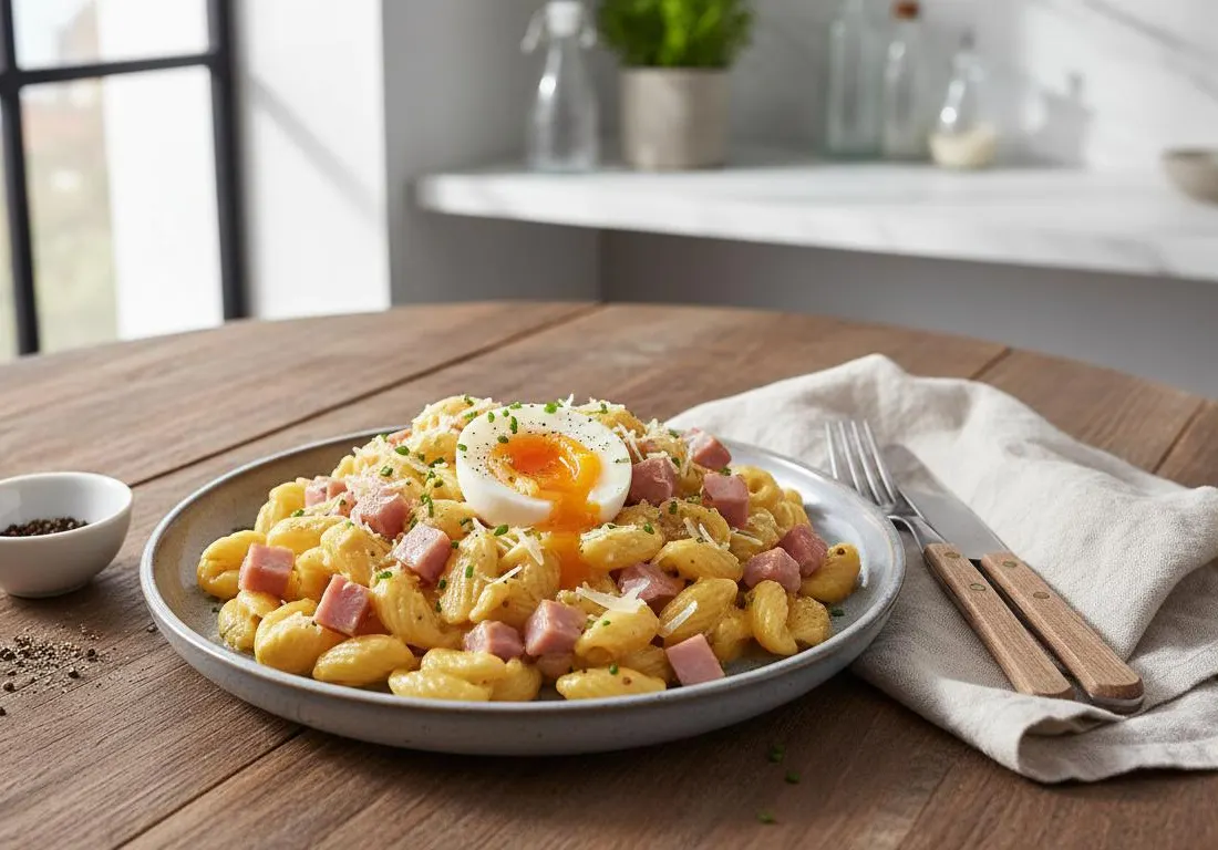 Coquillettes Protéinées au Jambon et Œuf Mollet