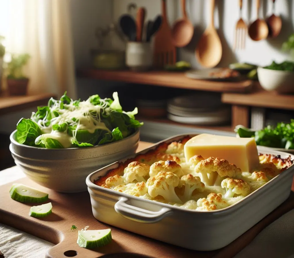 Gratin de chou-fleur au comté, salade verte