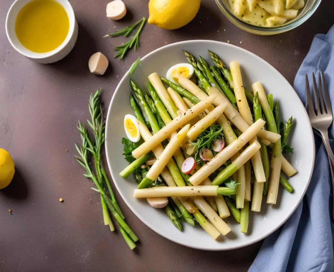 Salade printanière aux pâtes, asperges et vinaigrette citronnée