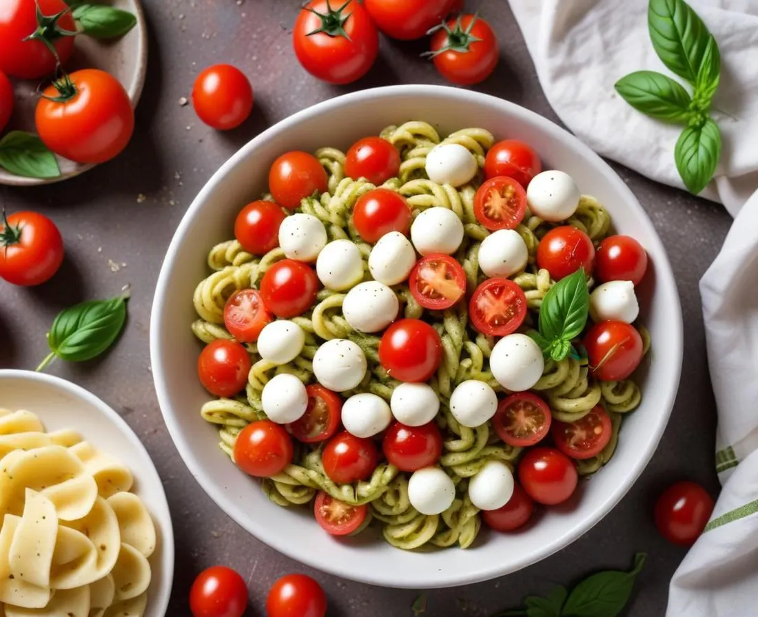 Salade de Pâtes Froides au Pesto, Tomates Cerises et Mozzarella