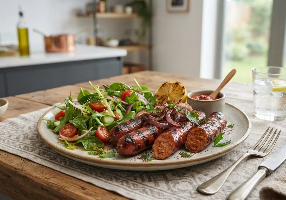 Barbecue de merguez et salade verte