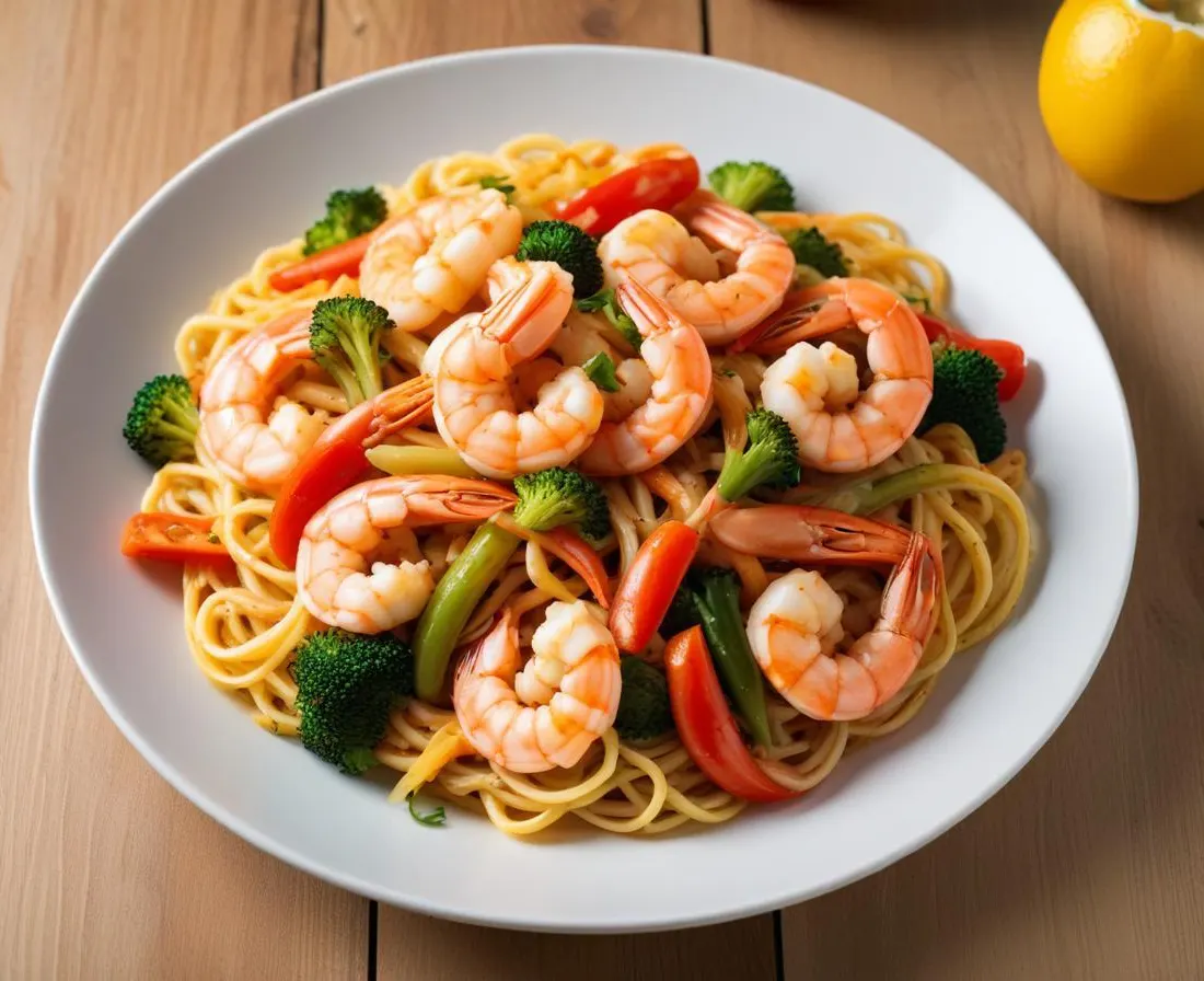 Nouilles Sautées aux Crevettes et Légumes