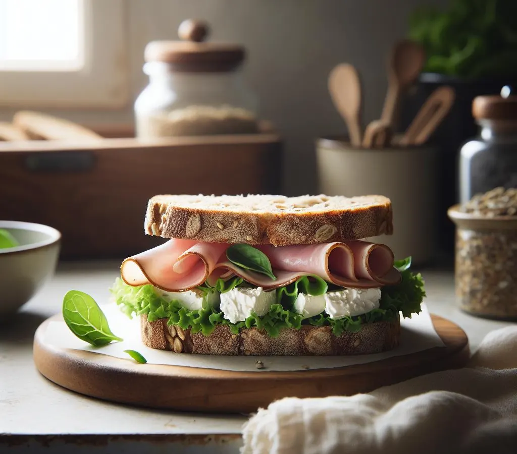 Sandwich au pain complet avec jambon de pays, fromage de chèvre frais et mâche