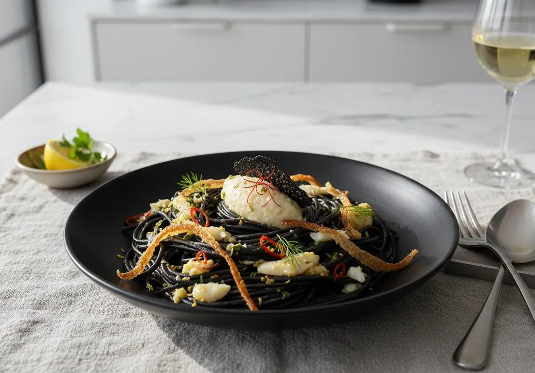 Linguine au Sel de Code et Encre de Seiche