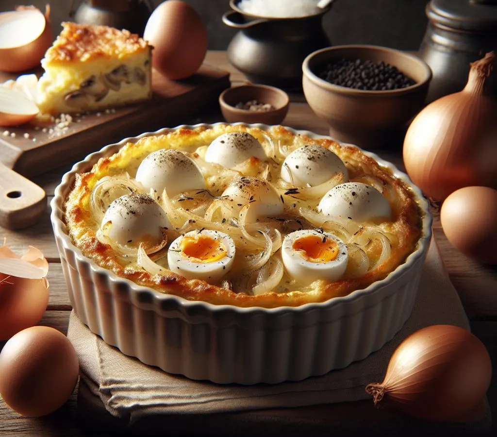 Gratin d'œufs durs, compotée oignons & champignons
