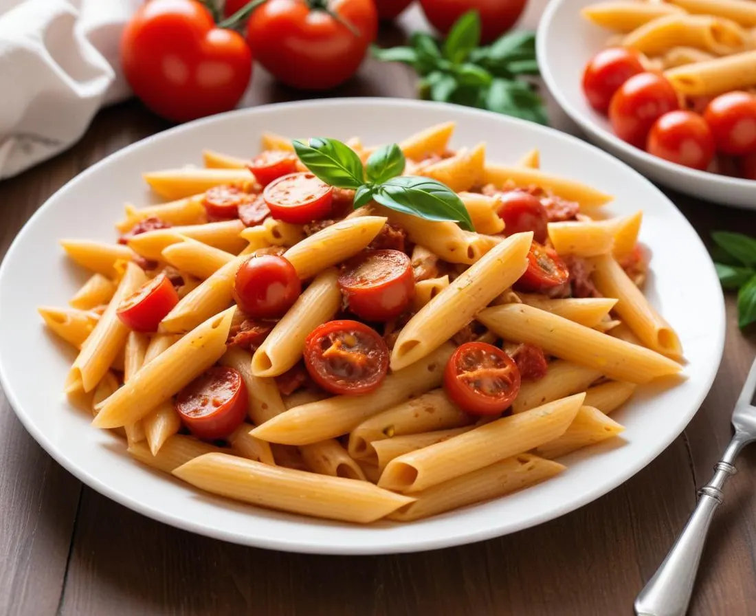Penne au chorizo, thon et tomates cerises