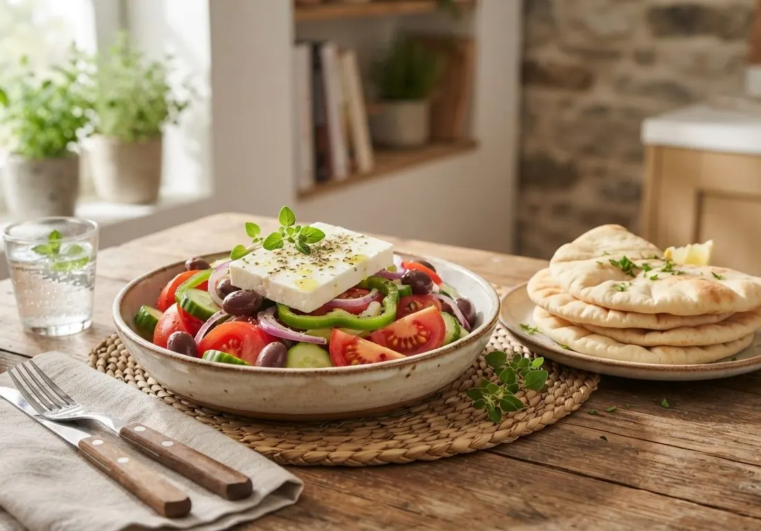 Salade grecque traditionnelle et ses pains pita moelleux