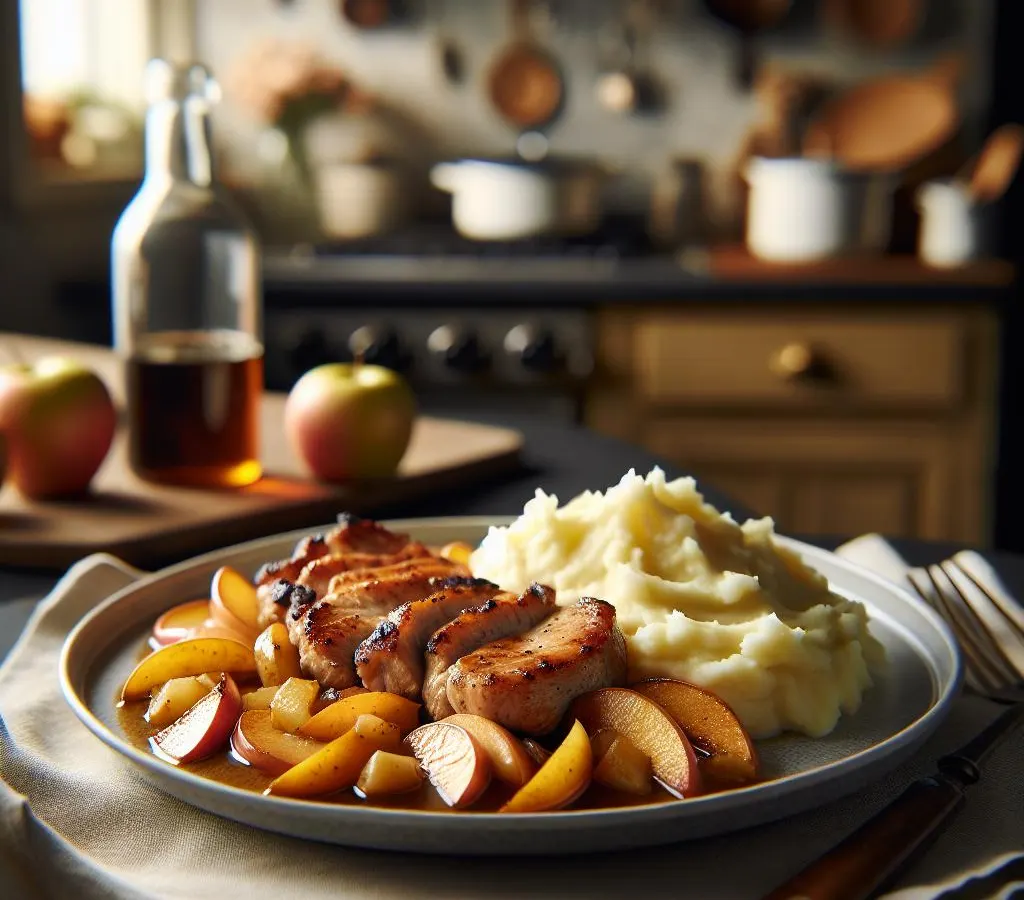 Sauté de porc aux pommes et cidre, accompagné de purée de pommes de terre