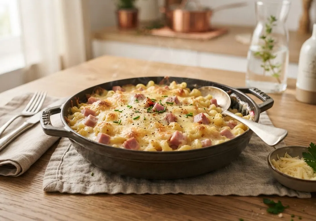 Gratin de coquillettes au jambon supérieur et comté affiné