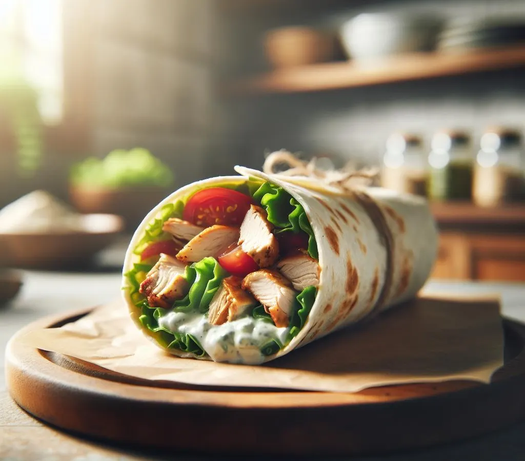 Wrap au poulet rôti, crudités et sauce au yaourt