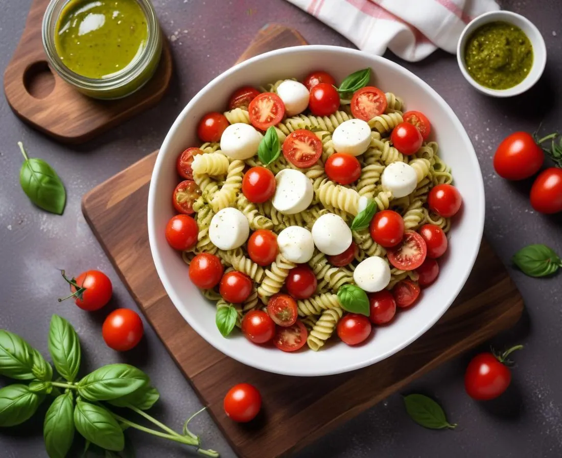 Salade de Pâtes au Pesto, Tomates Cerises et Mozzarella