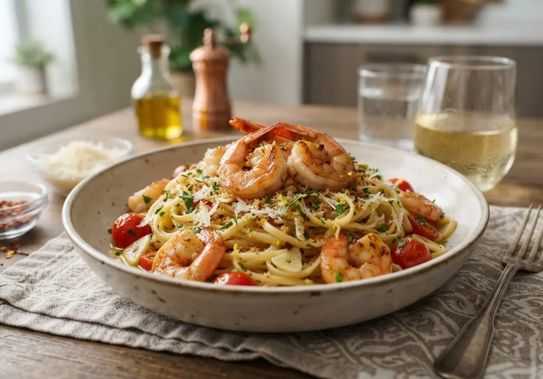 Linguine aux crevettes sautées à l'ail et aux herbes fraîches