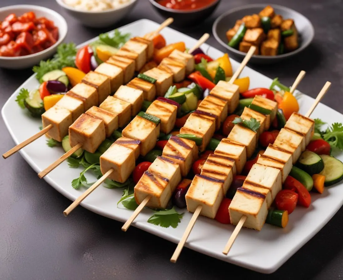Brochettes de tofu fumé et légumes marinés au soja