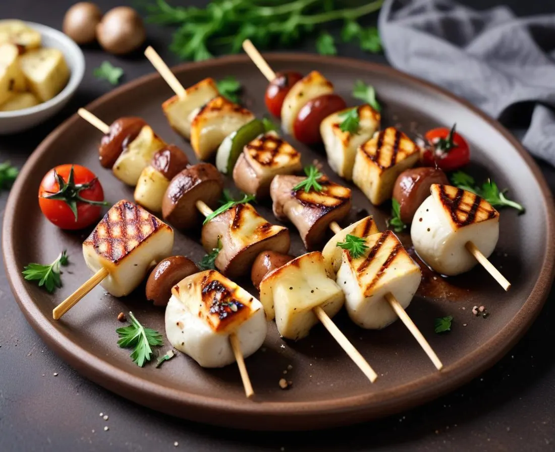 Brochettes de champignons et halloumi
