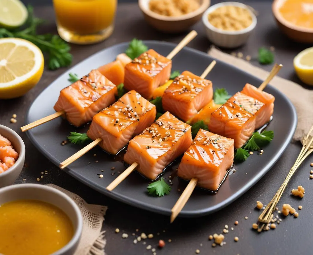 Brochettes de saumon au miel et sésame