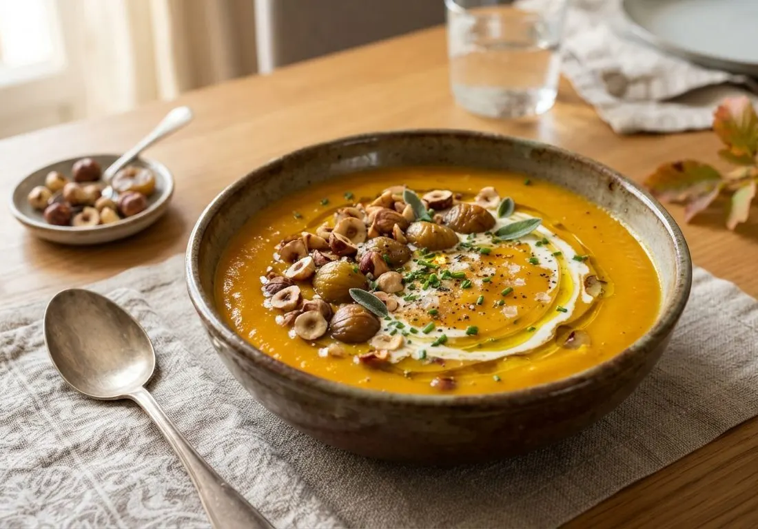 Velouté de potimarron rôti aux éclats de châtaignes et noisettes