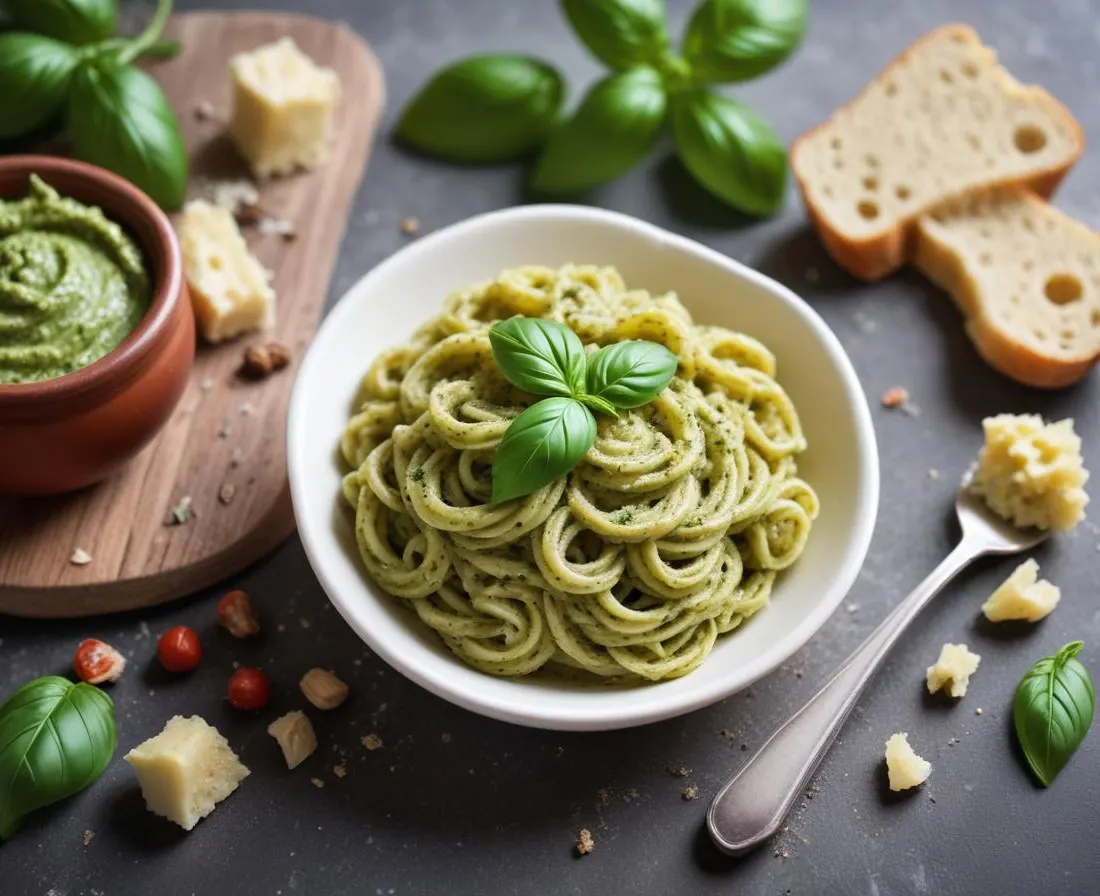 Pâtes complètes au pesto de basilic et pignons de pin