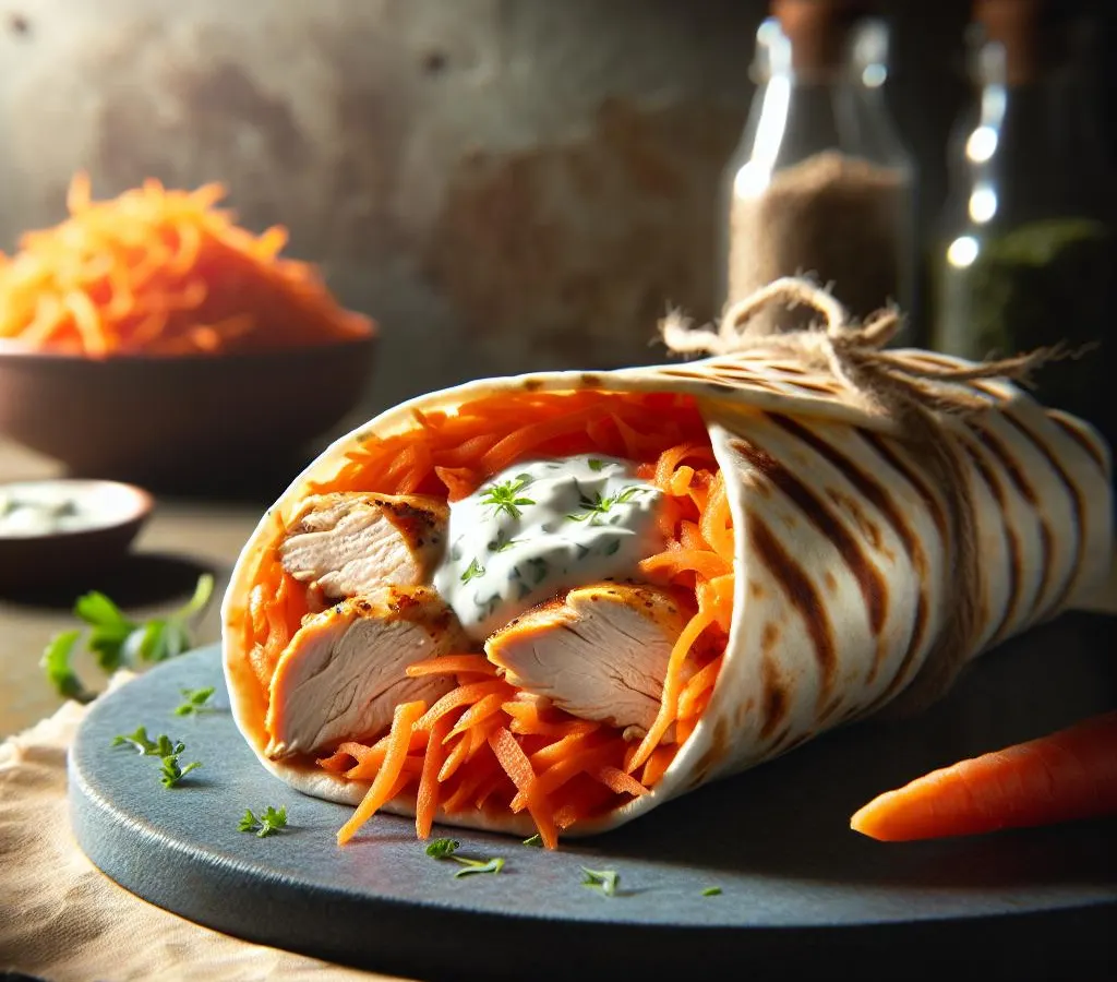 Wrap de poulet rôti, carottes râpées, et sauce au yaourt et herbes
