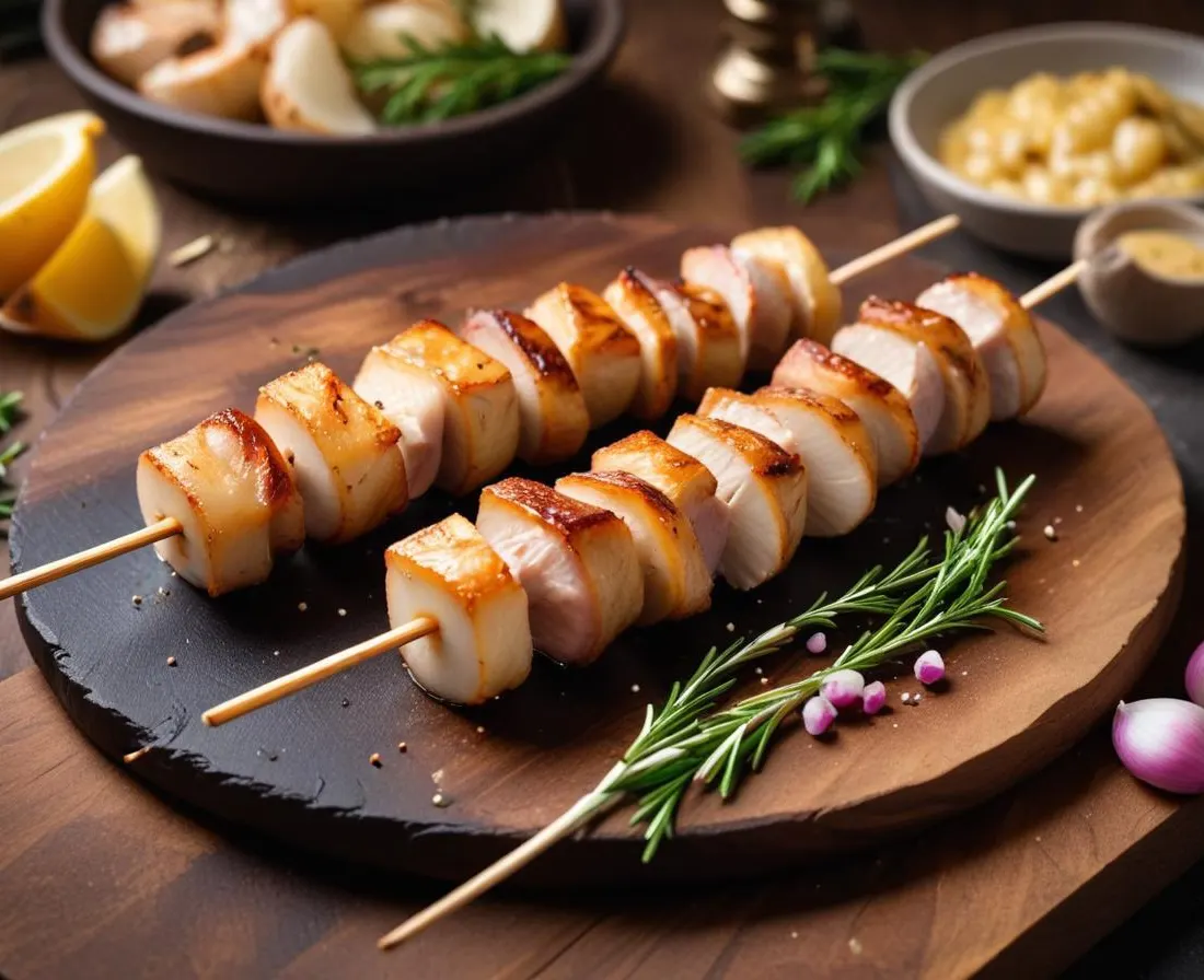 Brochettes de Saint-Jacques enrobées de lard fumé et ail grillé