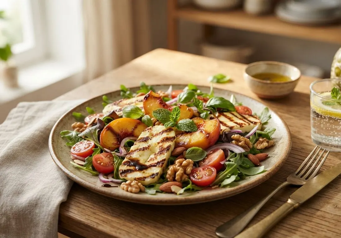 Salade de halloumi grillé aux pêches rôties