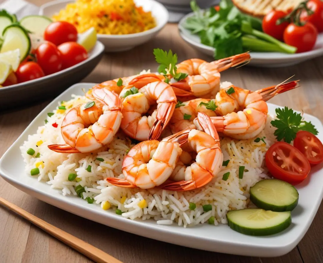 Brochettes de crevettes grillées avec riz basmati et légumes sautés