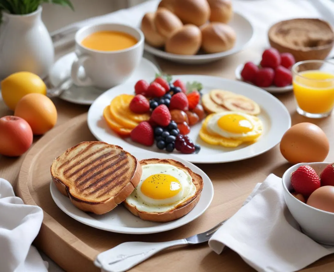 Brunch : pain grillé, œufs brouillés, fruits frais
