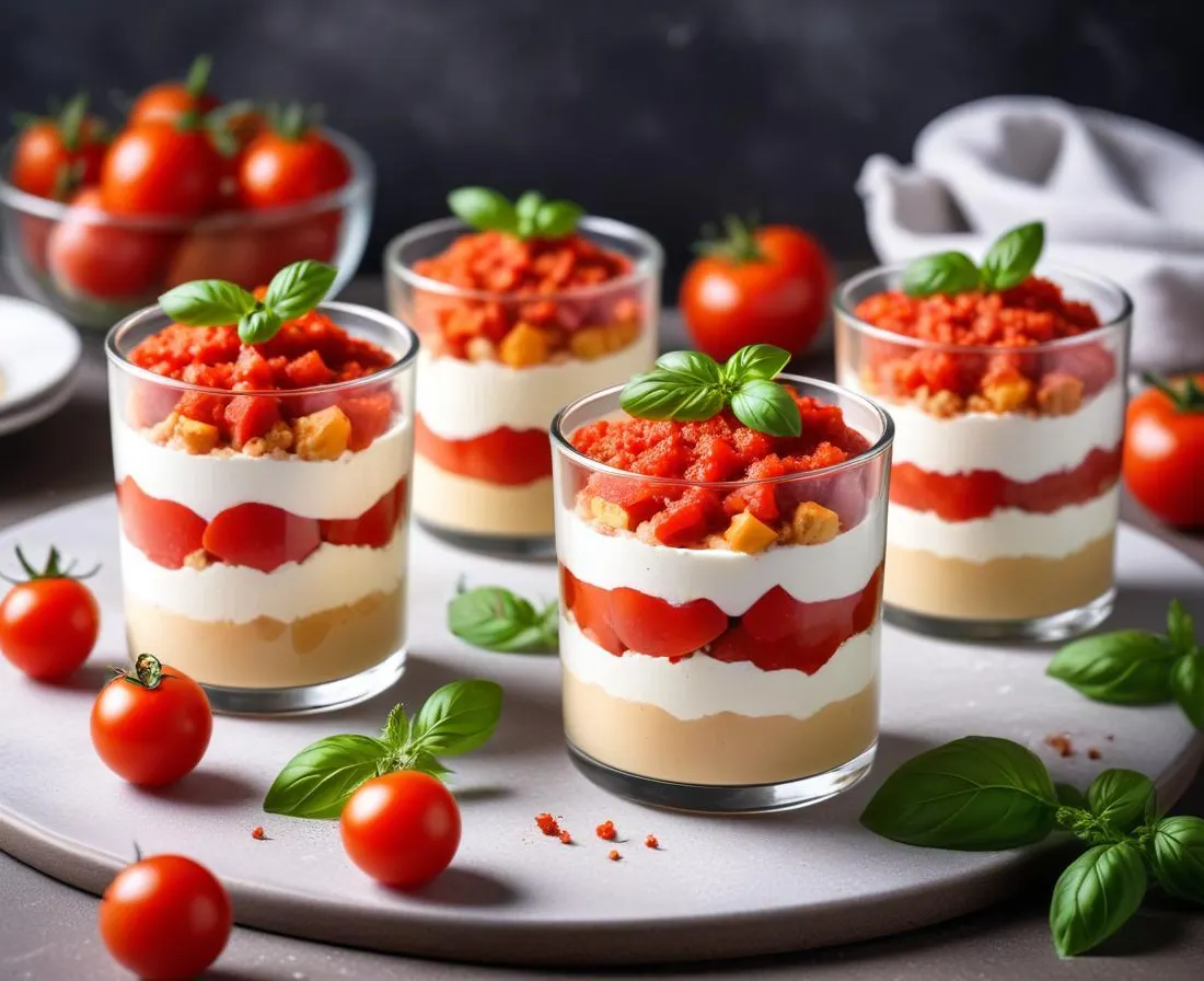 Verrines de mousse de mascarpone, tomates séchées et basilic
