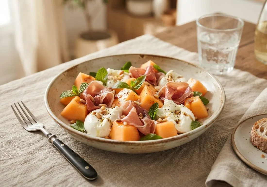 Salade fraîcheur de melon au jambon cru et mozzarella