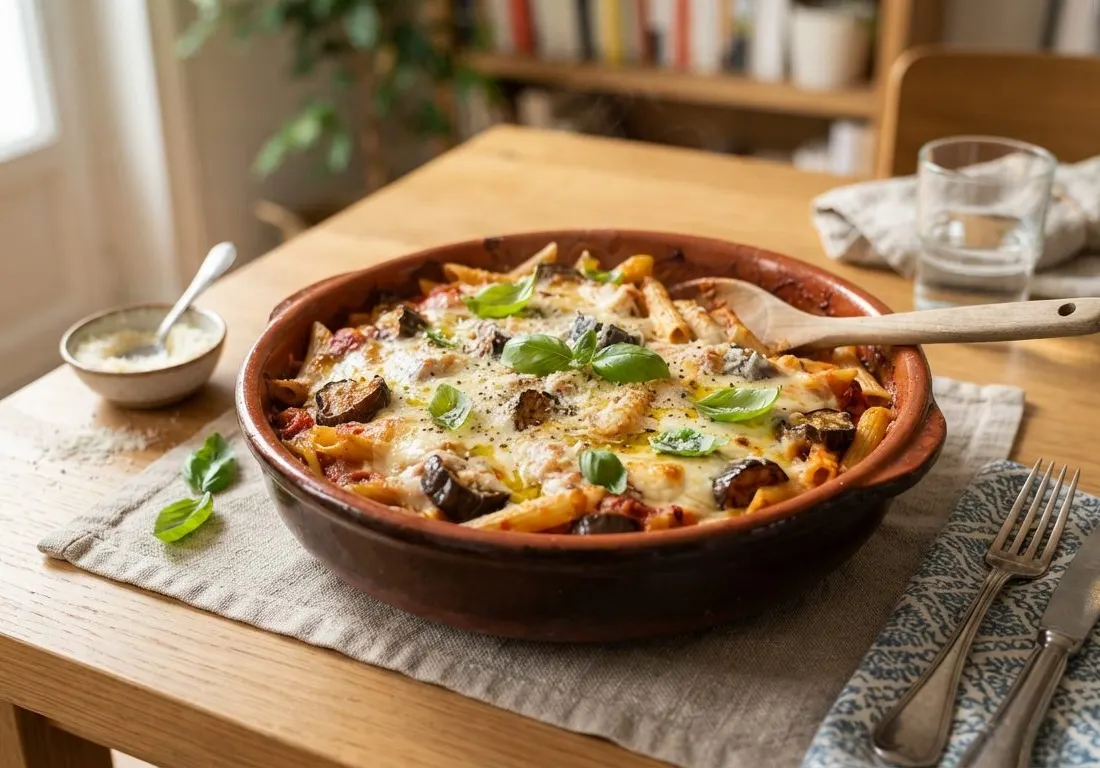 Gratin de pennes aux aubergines fondantes et mozzarella