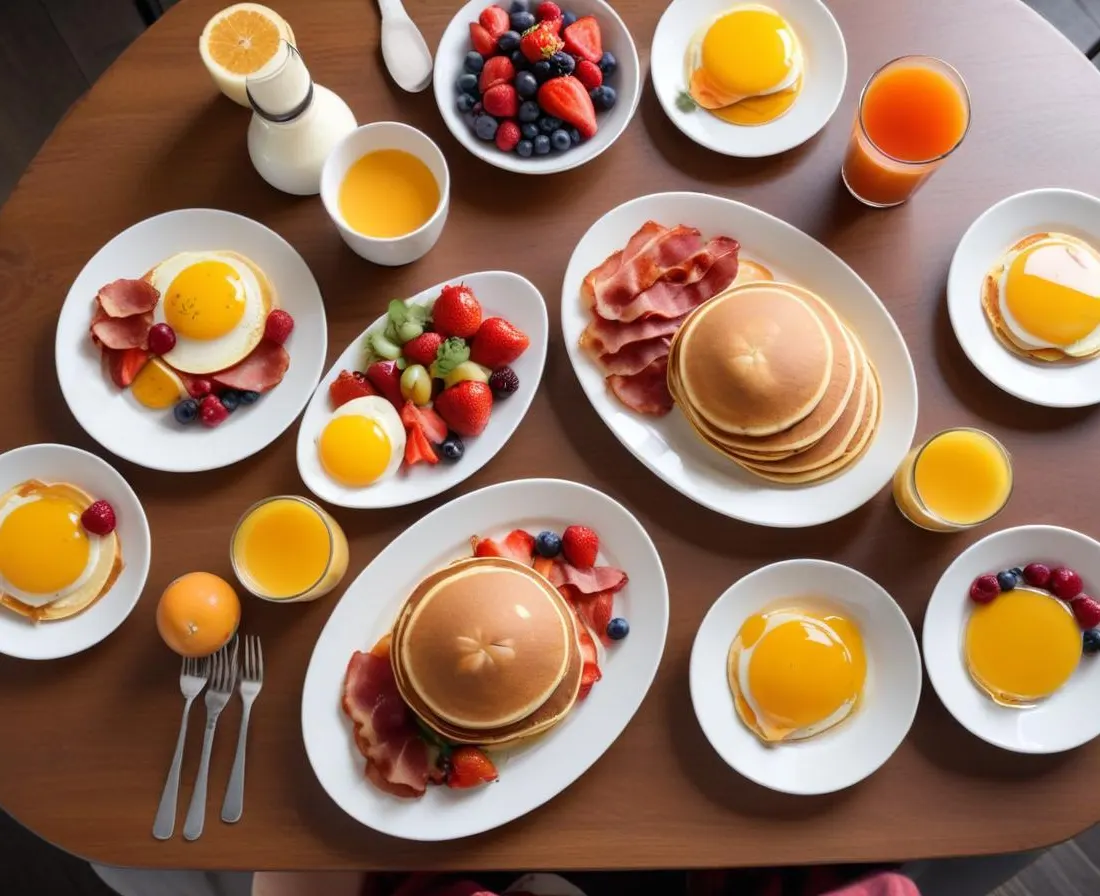 Brunch Gourmand : Œufs Brouillés, Bacon, Pancakes et Fruits Frais