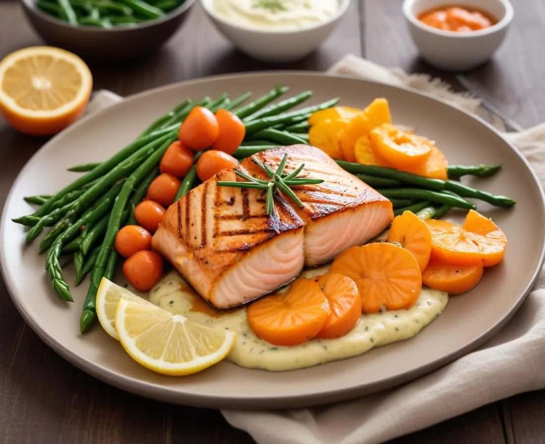 Saumon Grillé, Purée de Carottes Nouvelles et Haricots Verts