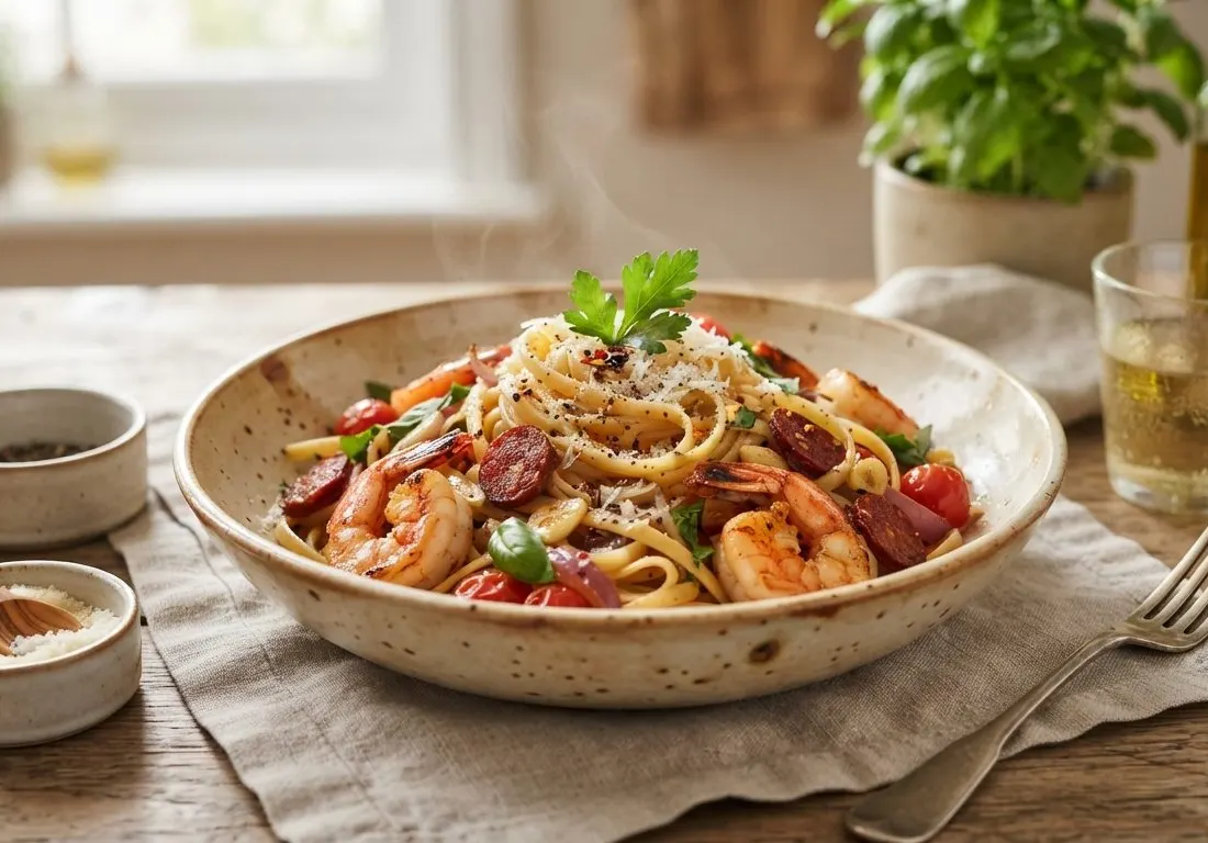 Linguines Terre et Mer au Chorizo et Crevettes